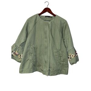 Blu Pepper Anthropologie Shacket Embroidered Jacket Womens L Green Lagenlook Zip